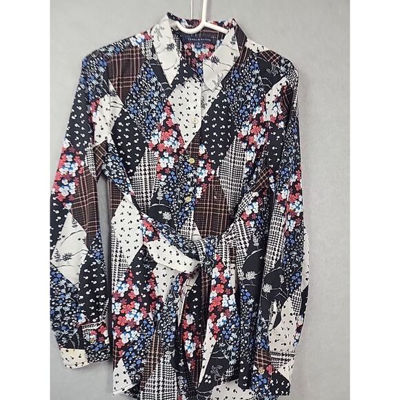 Tommy Hilfiger Colorful Patchwork Floral LS Button Up Tie Blouse Women's Medium - Picture 2 of 12